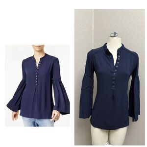 Free People Easy Girl Navy Blue Bell Sleeve Tunic Boho Button Top Size Small